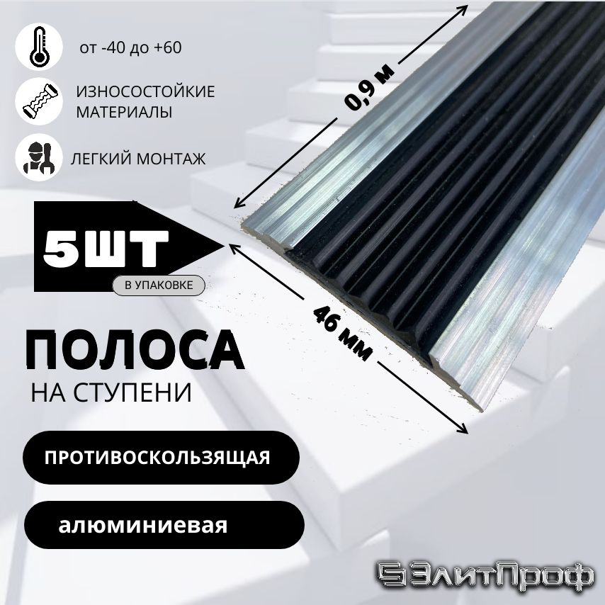 Полоса противоскользящая алюминиевая 46 мм, с ЧЕРНОЙ резиновой вставкой, длина 0,9 м. Упаковка 5 штук #1