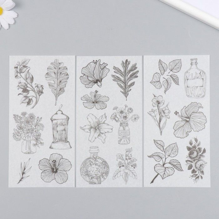 Наклейки для творчества бумага "Цветы набросок", 10х20 см, 2 набора по 3 листа  #1