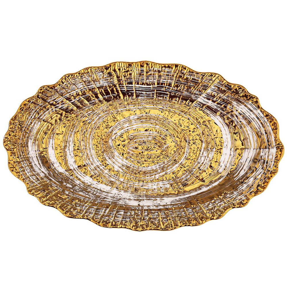 Блюдо сервировочное овальное "Золото", 313х189х29мм, рельефный декор, с золотом, волнистый край, фарфор #1
