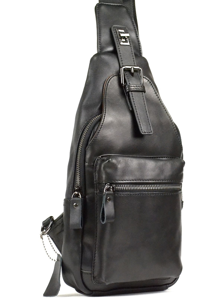 Мужская сумка рюкзак слинг на грудь из натуральной кожи, через плечо, черный, 32x17x6см  #1