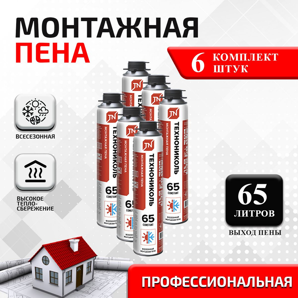 Пена монтажная профессиональная ТехноНИКОЛЬ 65 PROFESSIONAL всесезонная, 1000г/65л, 6 шт  #1