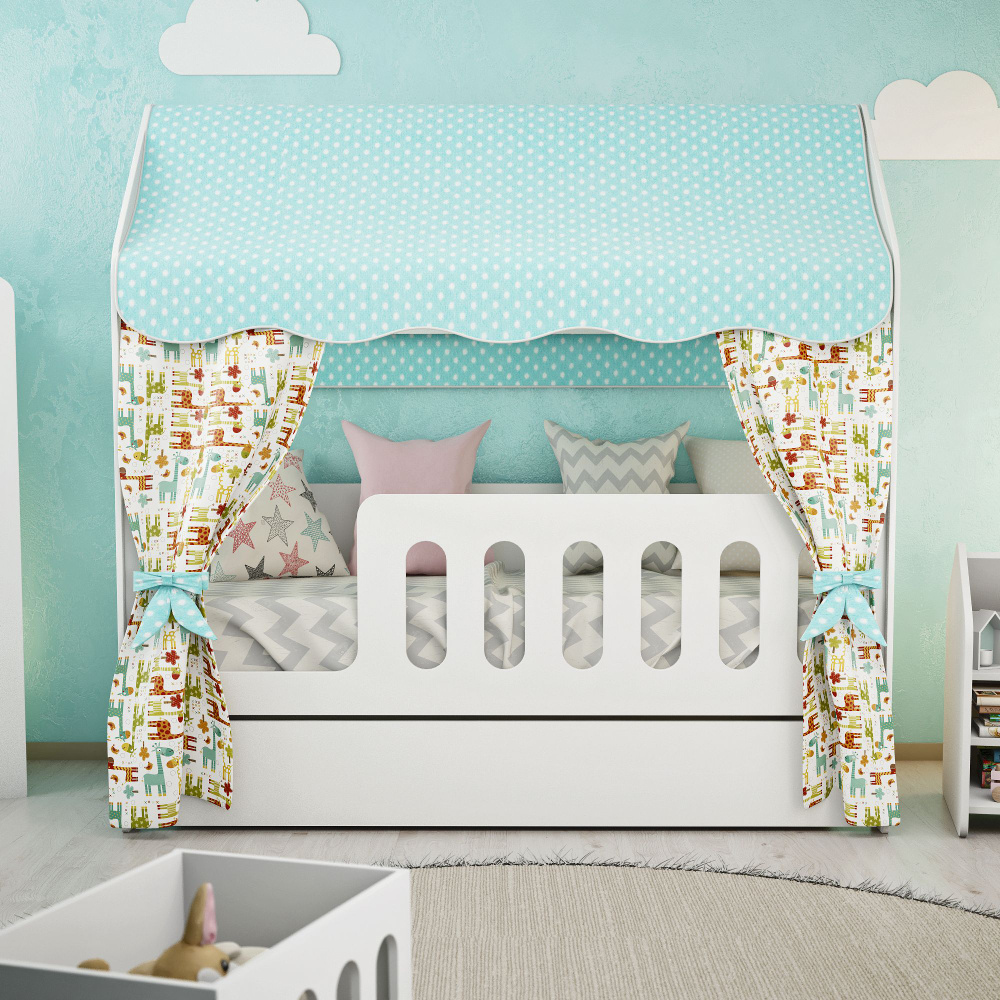 Кровать-домик, Кровать детская с бортиком под матрас 160х80, БазисВуд "Классик" с текстилем (бирюзовый #1