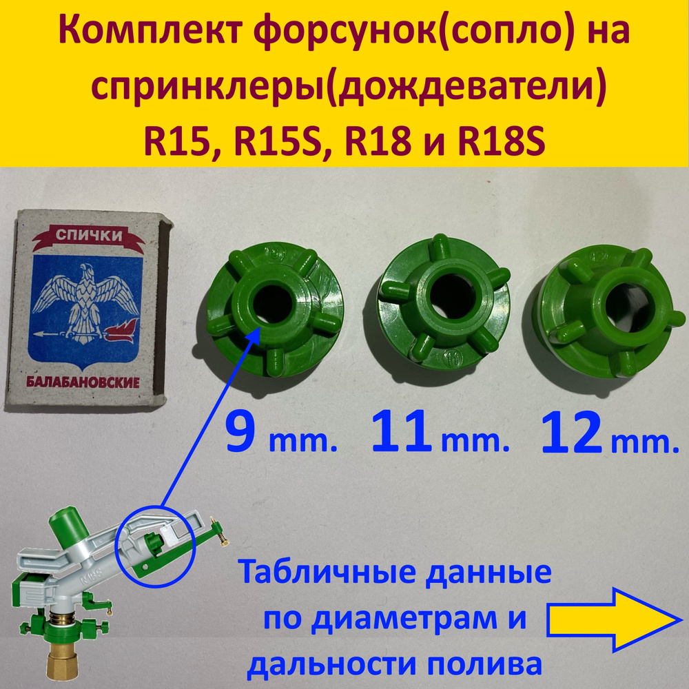 Три форсунки-сопла(9,11 и 12mm.) спринклера(дождевателя) на модели R15, R15S, R18 и R18S. Фирма Idromeccanica #1