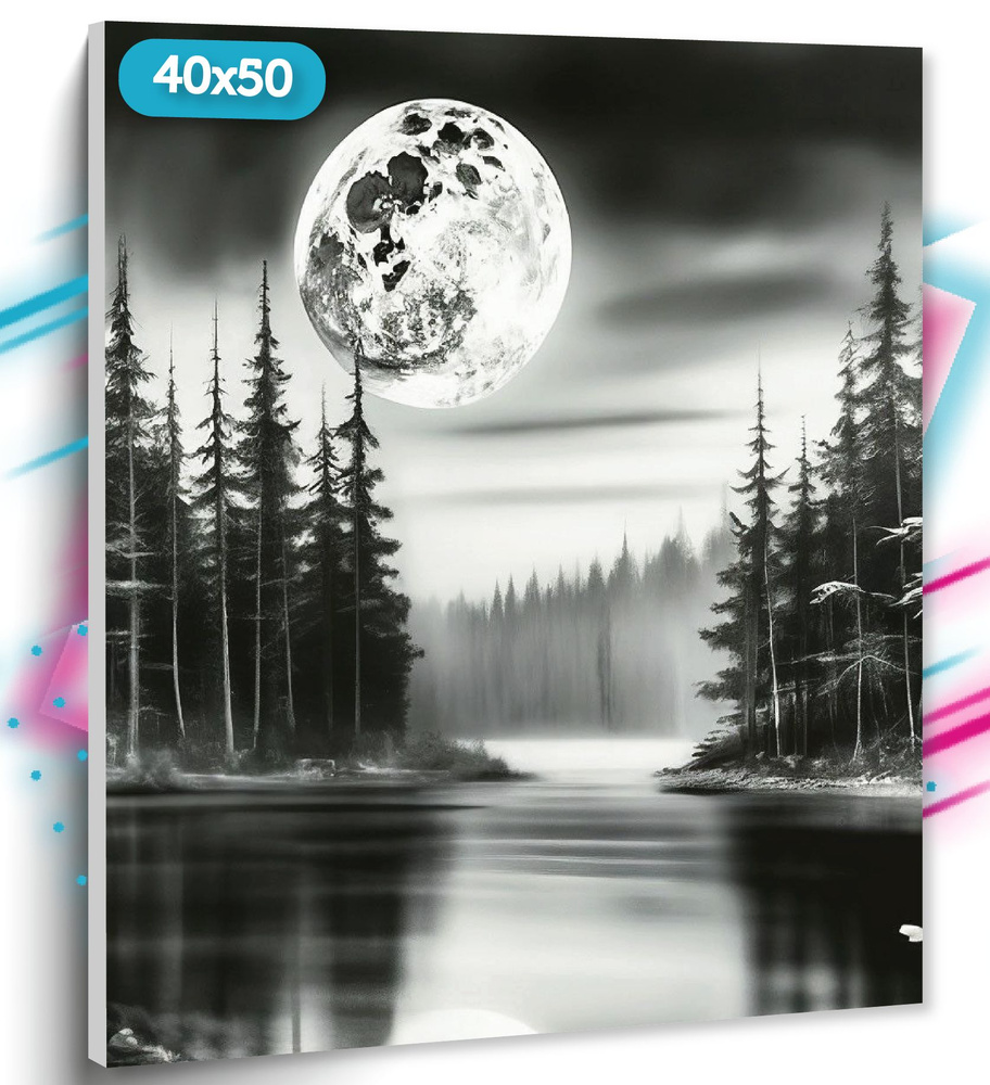 Алмазная мозаика на подрамнике "Черно-белая луна" , 40х50 см, Вышивка круглыми стразами, Набор для творчества, #1