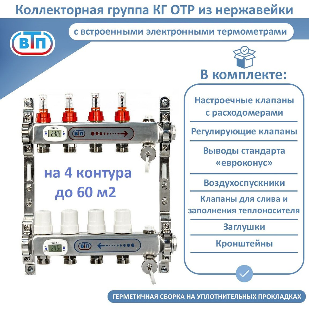 Коллекторная группа ВТП 4 контура, нержавеющая сталь, с расходомерами taconova, электронными термометрами, #1