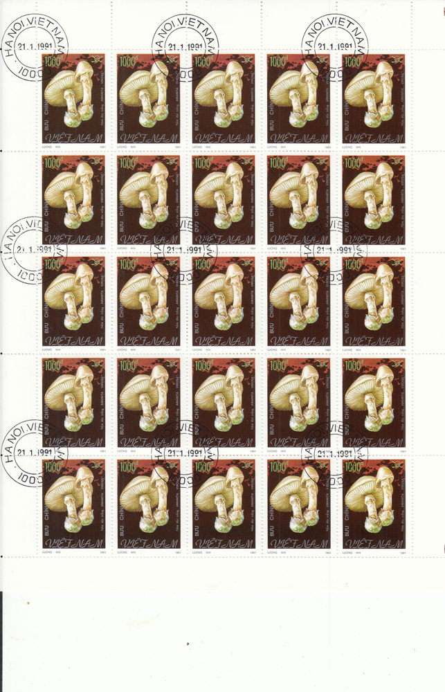 Коллекционные почтовые марки. Вьетнам. Грибы, полный лист, 1991 год  #1