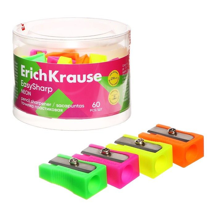 ErichKrause Точилка 1 отверстие ErichKrause "EasySharp" Neon, пластиковая, МИКС, 60 штук  #1