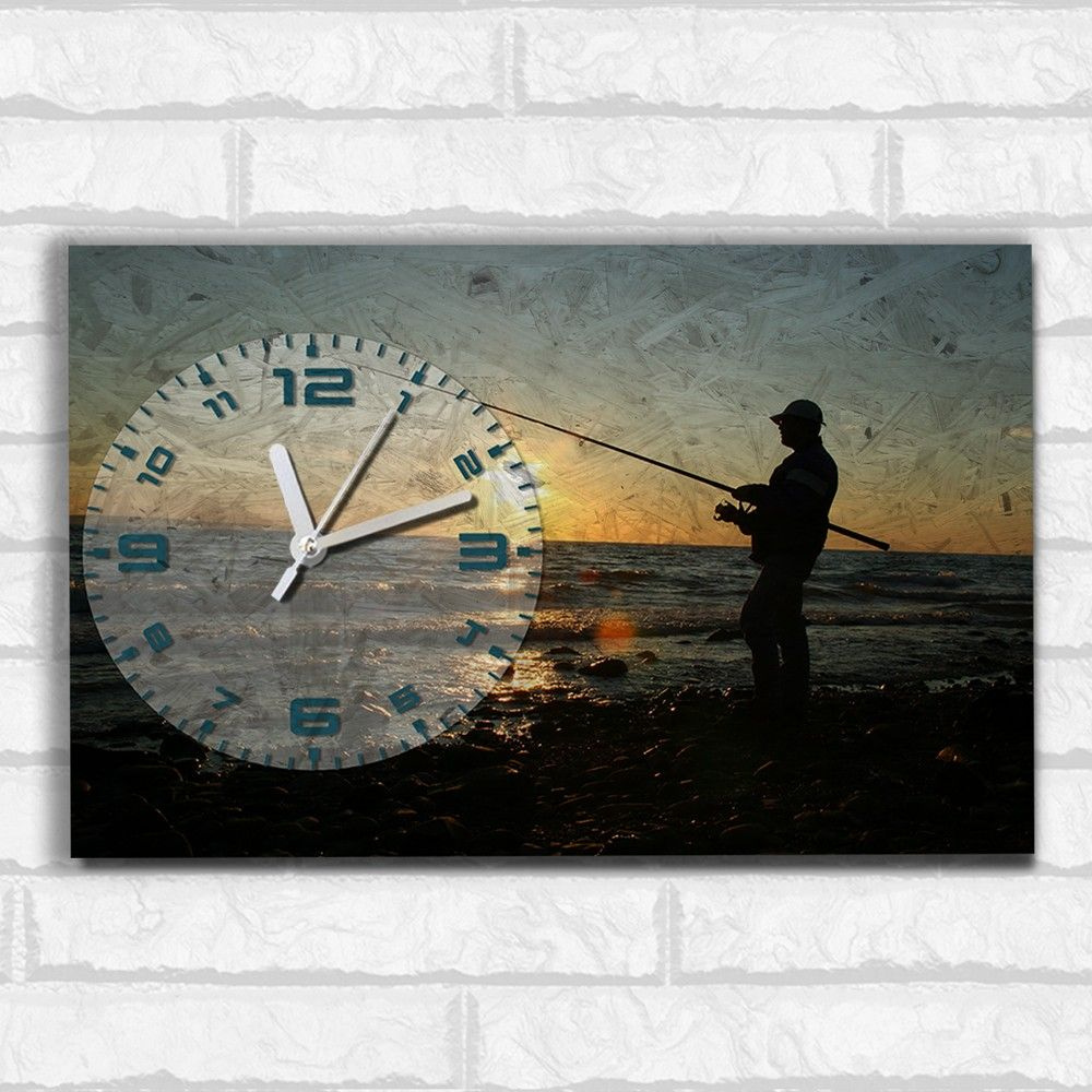 Настенные бесшумные часы ОСБ со смещенным циферблатом Спорт рыбалка (удочка, закат, ракетка, Подарок #1