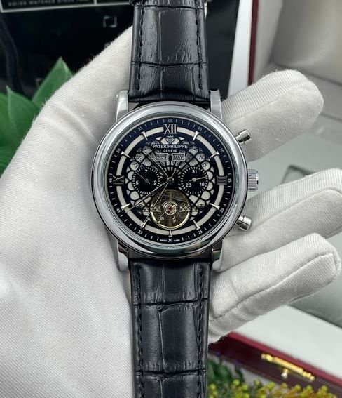 Мужские наручные часы Patek Philippe с кожаным ремешком в подарочной упаковке  #1