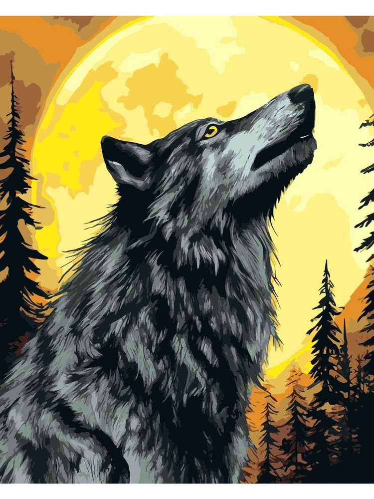 Картина по номерам волк воет на луну на холсте с деревянным подрамником размер 40х50, акриловые краски, #1