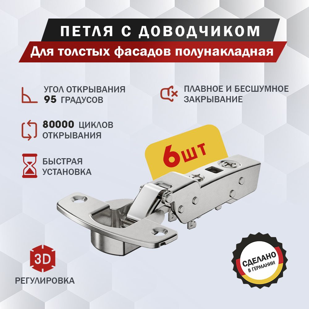 Петля мебельная Hettich Sensys 8631i для толстых фасадов полунакладная, угол открывания 95 градусов, #1