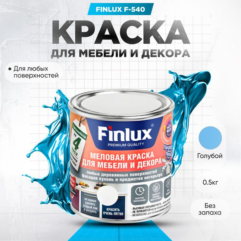 Краска для мебели и декора любых деревянных поверхностей, кухонь и предметов интерьера Finlux F-540-Голубой-0,5 #1