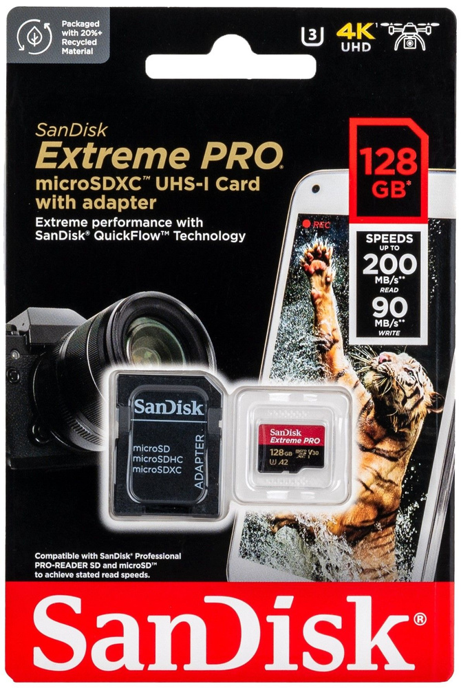 Карта памяти SanDisk Extreme PRO microSDXC 128 ГБ Class 10 UHS-I V30 A2, 200/90 Мб/с + SD адаптер  #1