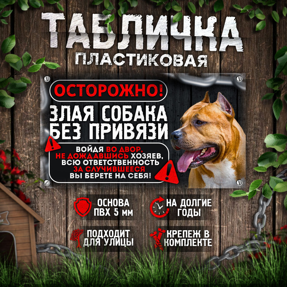 Табличка, на забор, DANGER DOG, Осторожно! Во дворе собака без привязи, Стаффордширский терьер, 25x14 #1