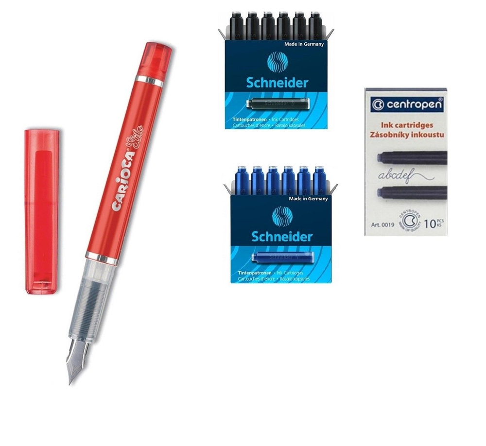 Ручка перьевая CARIOCA Stilo, корпус ручки красный. Иридиевое перо, 2 картриджа с синими чернилами в #1