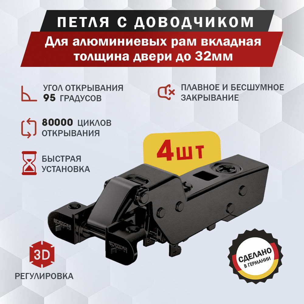 Петля мебельная Hettich Sensys 8631i Black для алюминиевых рам вкладная, угол открывания 95 градусов, #1