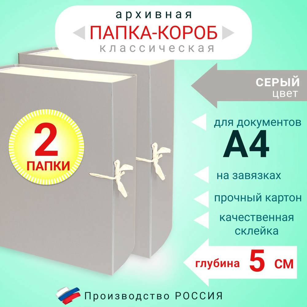 Набор из 2-х штук Папка архивная для бумаг А4 с завязками, Короб архивный для документов, цвет серый, #1