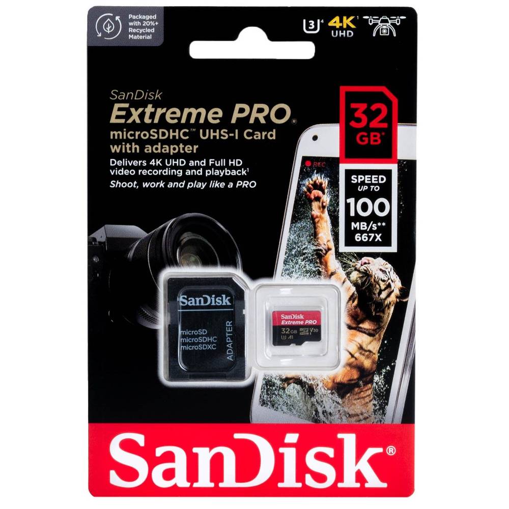 Карта памяти SanDisk Extreme PRO microSDHC 32 ГБ Class 10 UHS-I V30 A1, 100/90 Мб/с + SD адаптер  #1