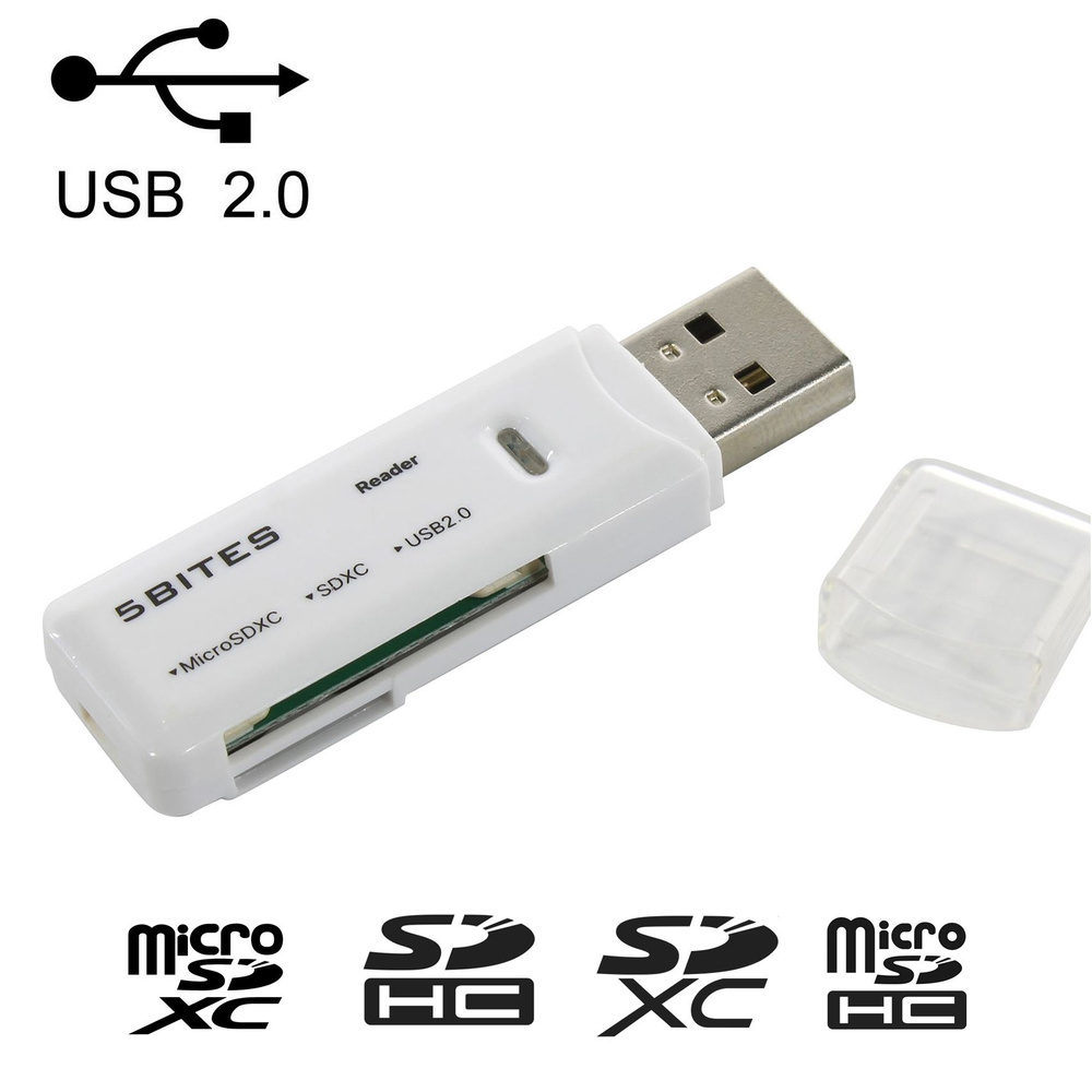 Карт-ридер USB2.0, SD, microSD, TF, SDHC, SDXC, белый, 5bites RE2-100WH #1