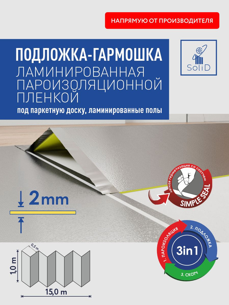 Подложка-гармошка ламинированная с пароизоляцией, нахлестом и скотчем 1000х500х2мм, желтая/  #1