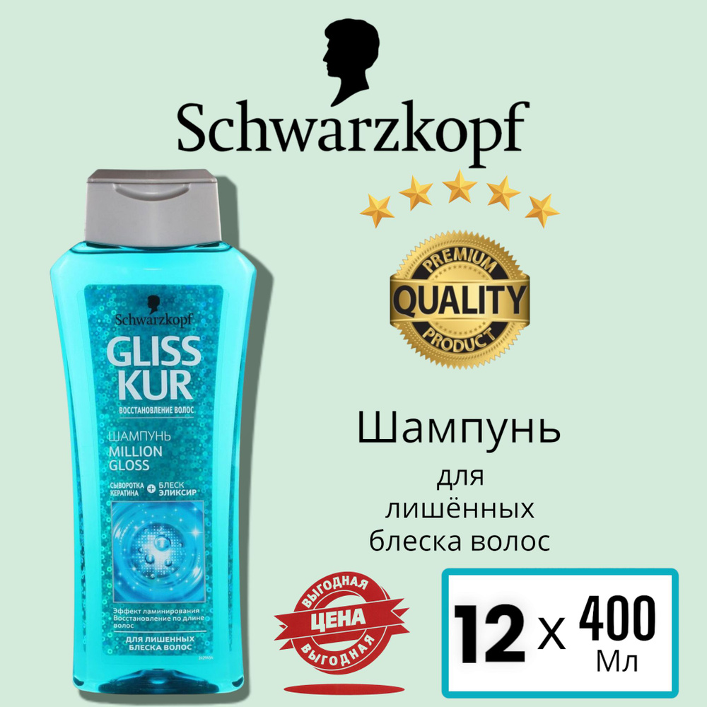 Шампунь Gliss Kur Million Gloss для лишенных блеска волос, 12 шт по 400 мл  #1