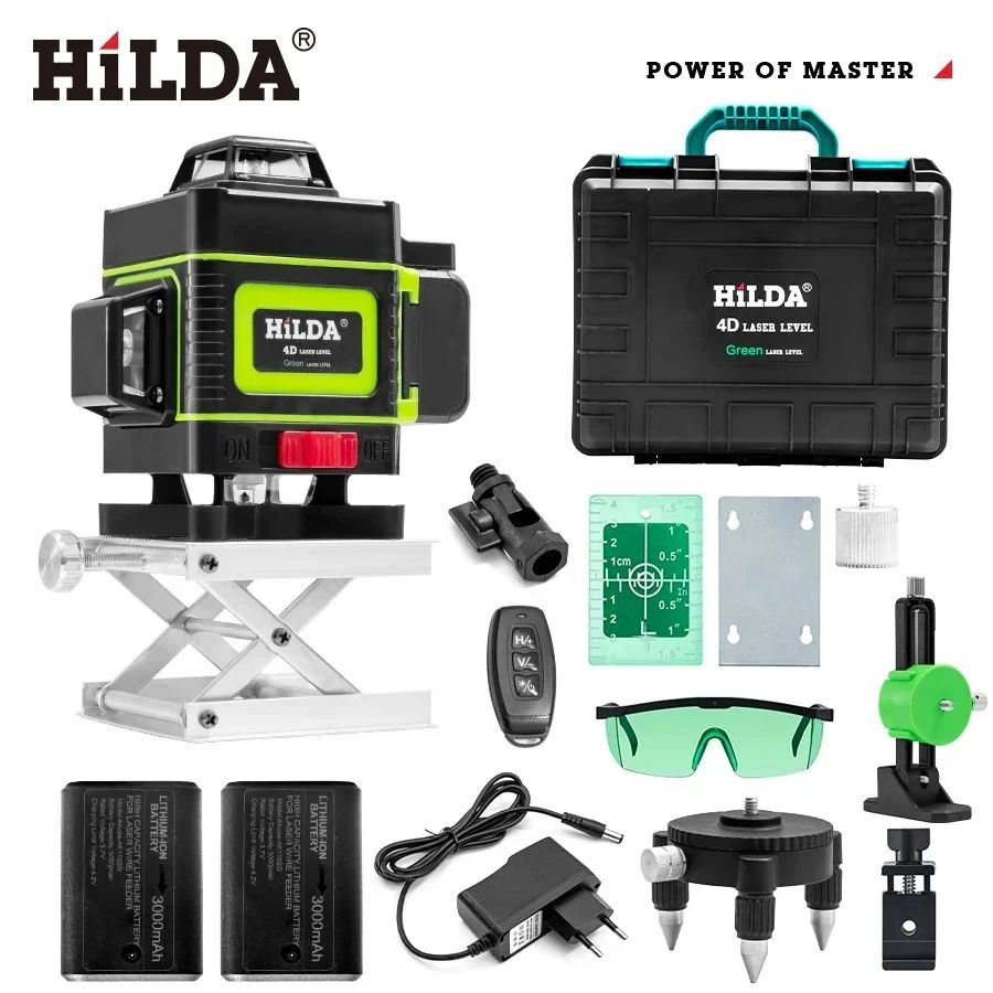 Лазерный уровень Hilda 4D Green 360 градусов в максимальной комплектации, нивелир цифровой строительный #1