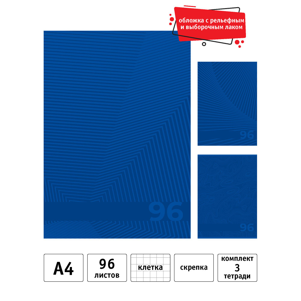 Тетрадь общая 96 листов А4 в клетку набор 3 шт. Синий #1