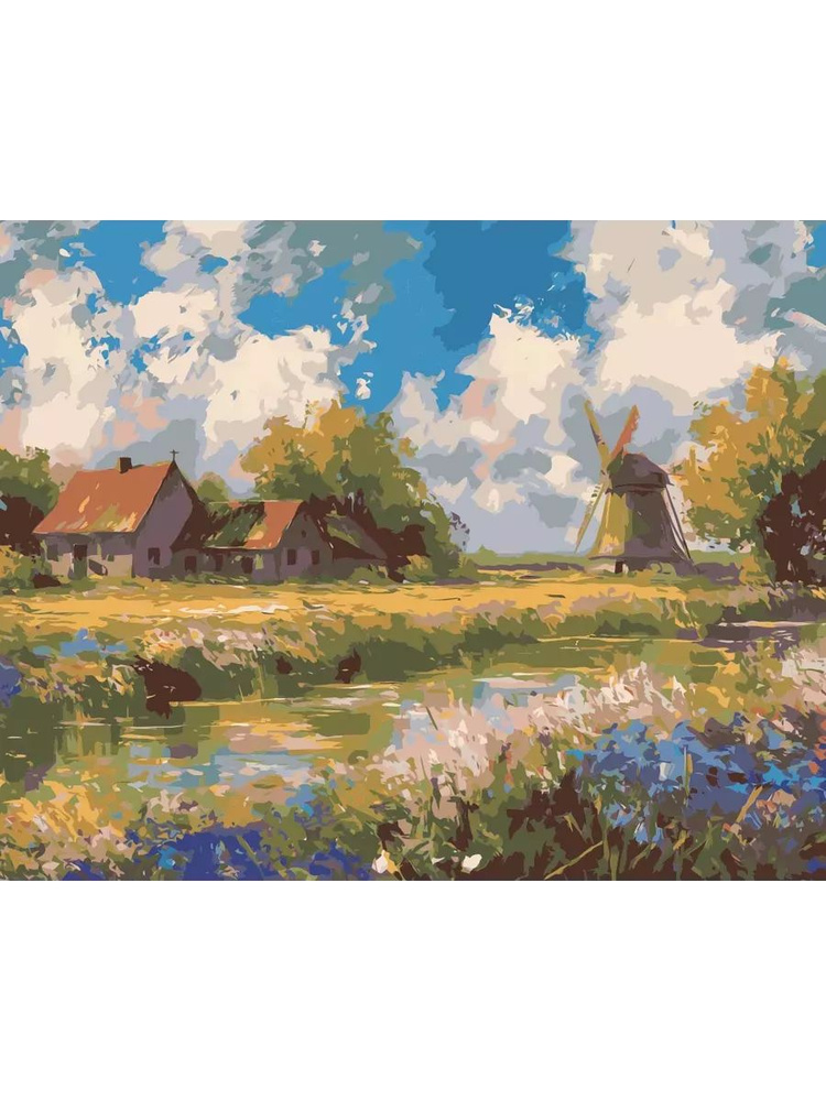 Картина по номерам Деревенский пейзаж мельница река Размер 40х50, на холсте на деревянном подрамнике, #1