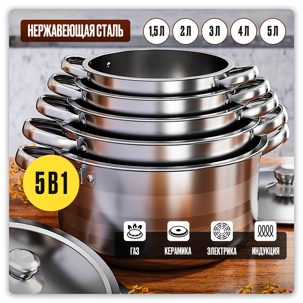 Набор кастрюль с крышкой из нержавеющей стали с толстым дном, для всех типов плит / Комплект посуды столовой #1