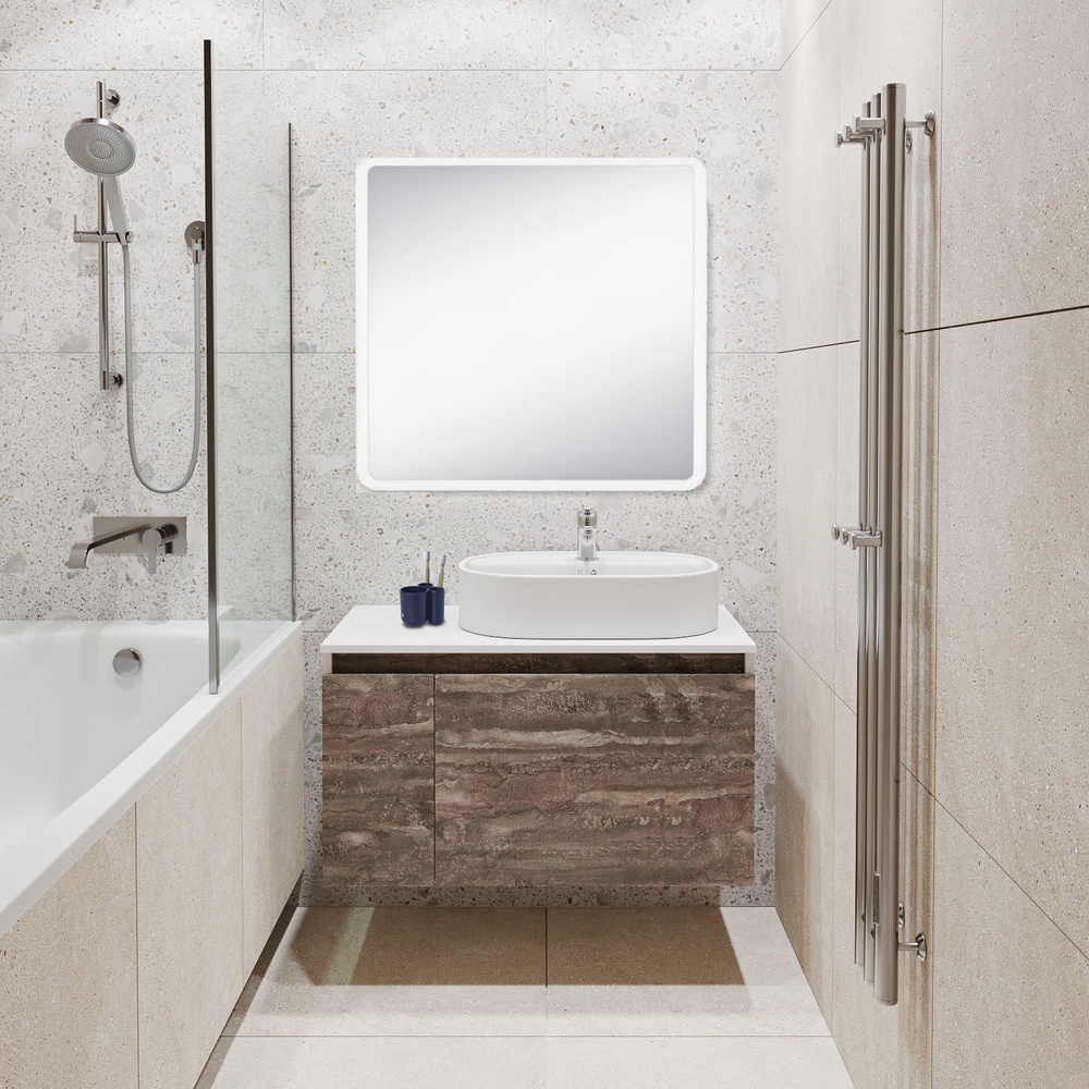 Мебель для ванной Runo Бари 80, железный камень, раковина Nuovo, зеркало Руан 80*80, выпуск  #1