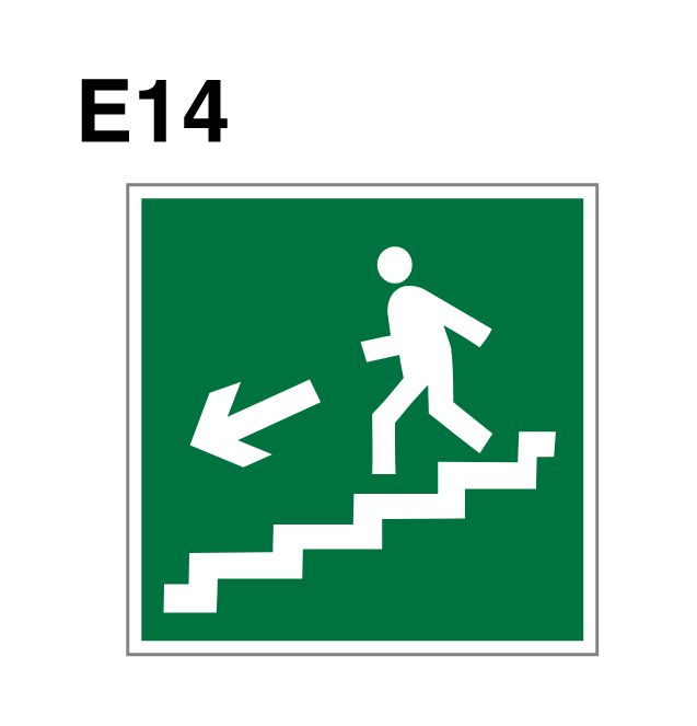 Несветящийся, плоский, эвакуационный знак E14 Направление к эвакуационному выходу по лестнице вниз (самоклеящаяся #1