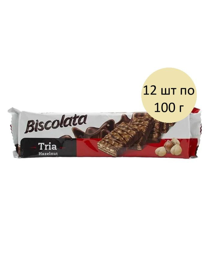 Biscolata Tria Hazelnut Вафли с ореховой начинкой 12 шт по 100 г, 1 блок  #1