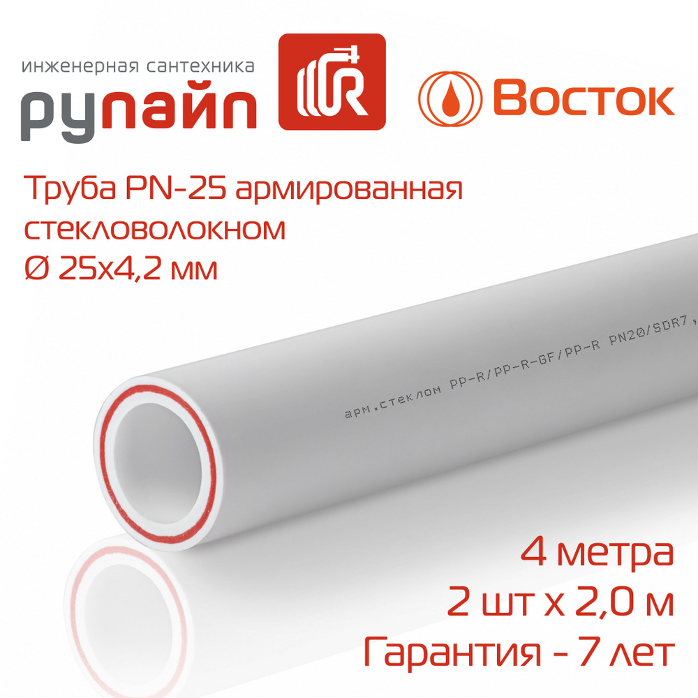 Труба полипропиленовая 25х4,2 мм, PN-25, армированная стекловолокном, 2 отрезка по 2 метра, белая, ВОСТОК #1