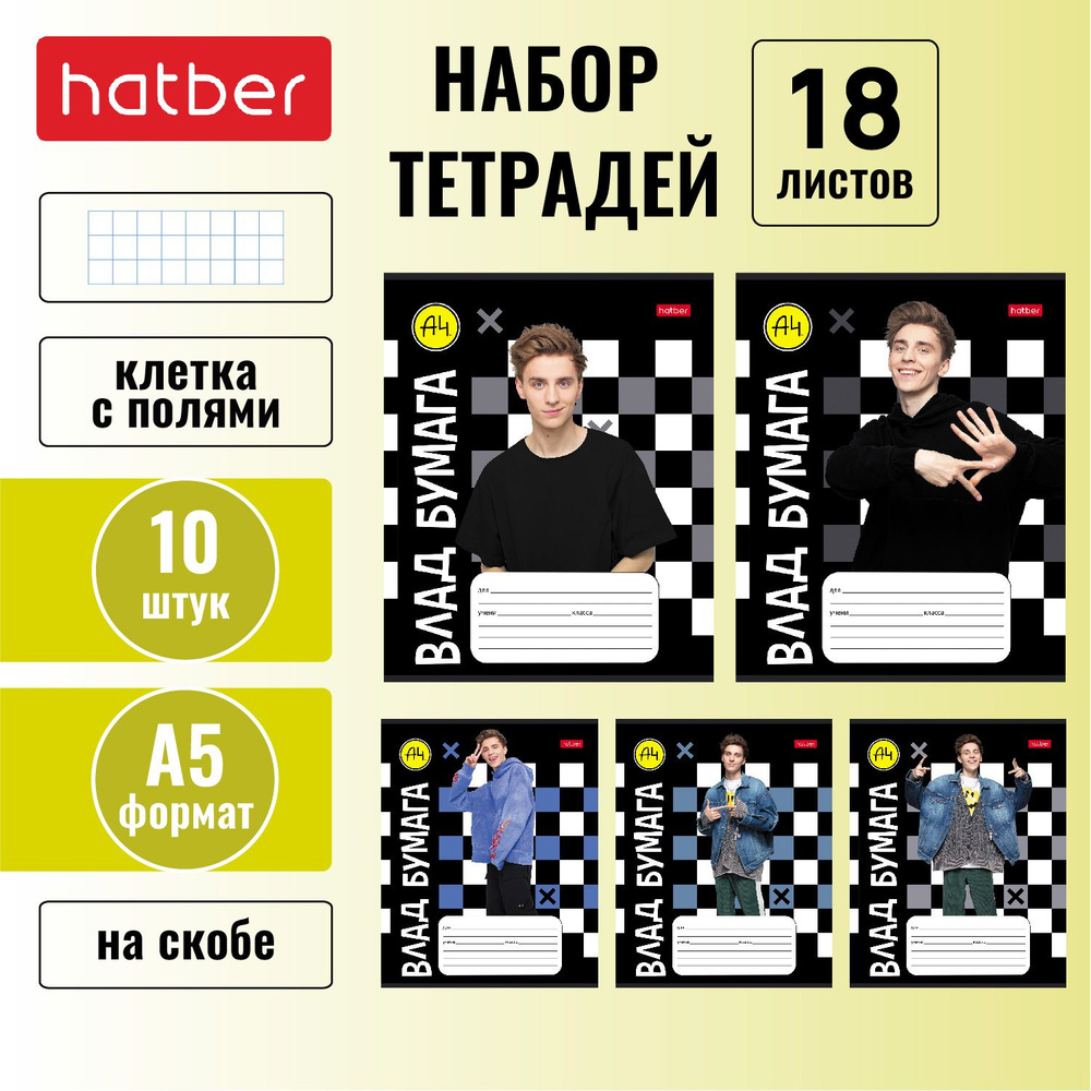 Тетрадь Hatber 18 листов, формата А5, в клетку, 65 г/кв. м, на скобе, 10 штук/5 дизайнов, мерч Влад А4 #1