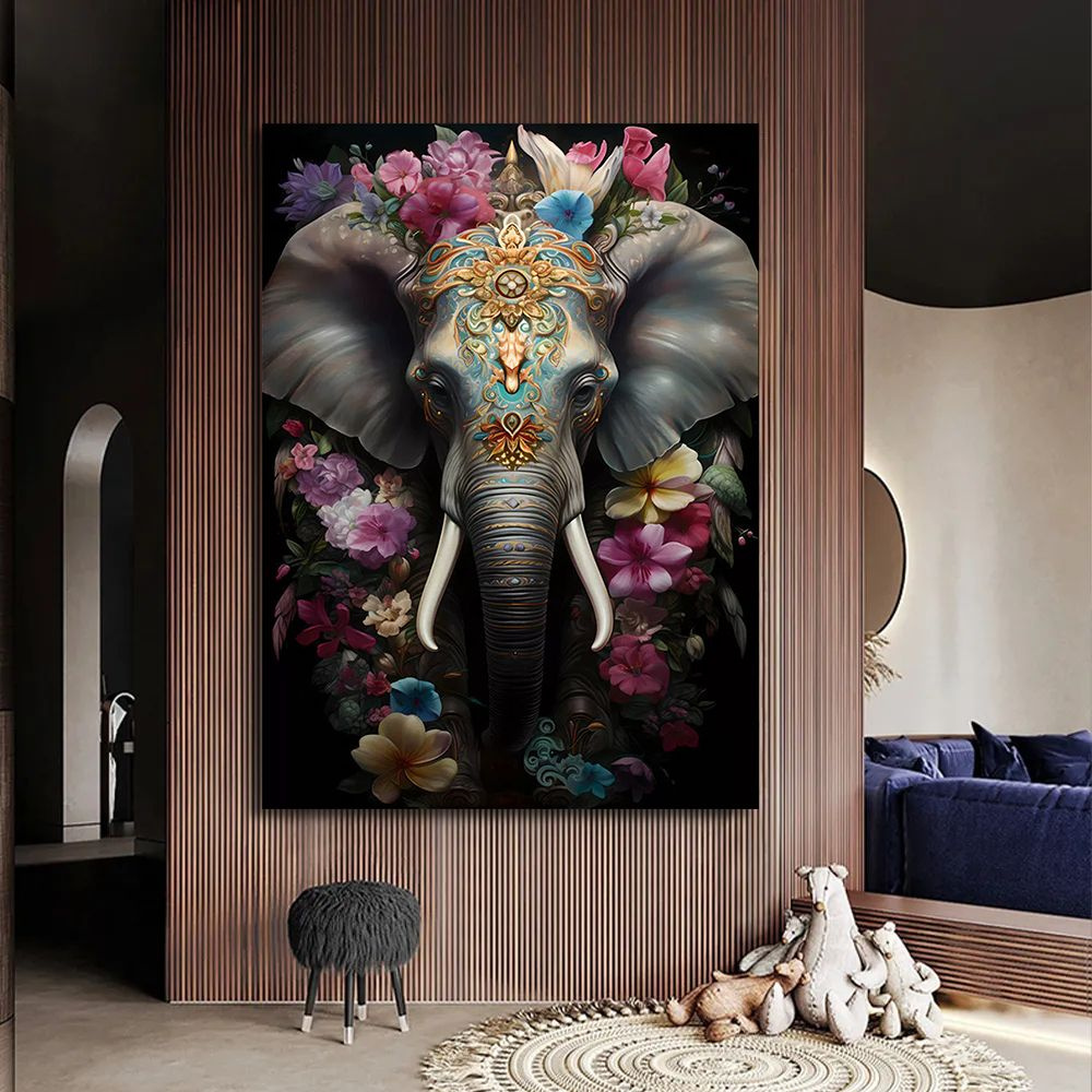 Картина слон и цветы, 50х70 см. #1