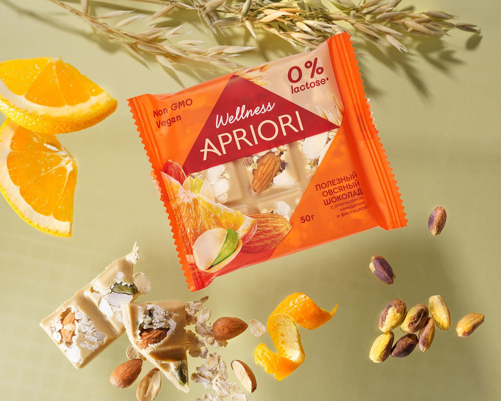 Шоколад APRIORI Wellness плитка овсяная с апельсином, миндалем и фисташкой 50г*3штки  #1