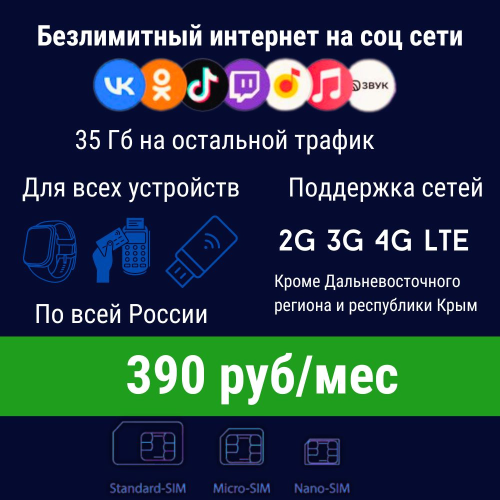 Sim-карта, Тариф для модема, интернет 35Гб за 390р/мес (Безлимит на соц. сети* )  #1