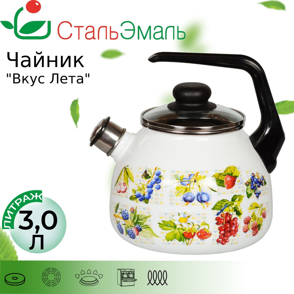 Чайник эмалированный 3,0л "Вкус лета" белоснежный со свистком  #1