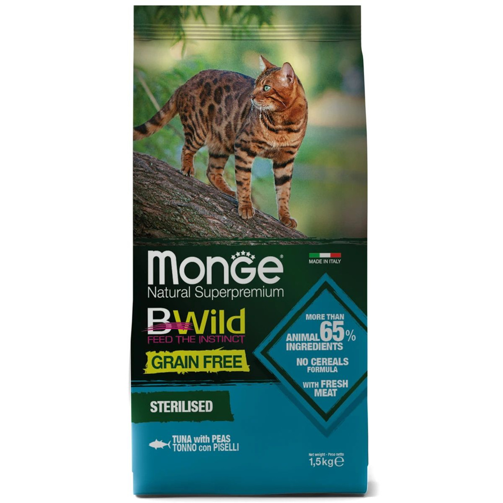 Сухой корм Monge Cat BWild GRAIN FREE для стерилизованных кошек, беззерновой, из тунца, 1,5 кг  #1