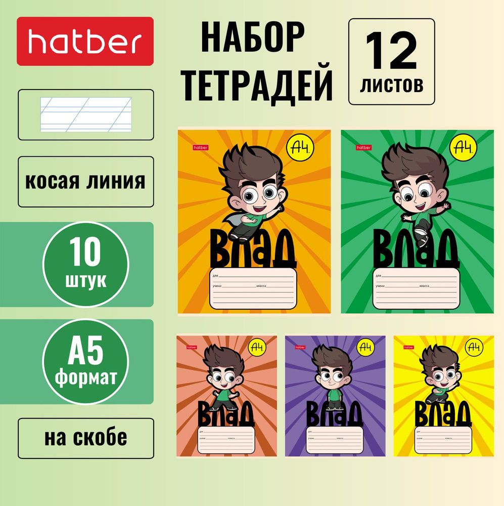 Тетрадь Hatber 12 листов, в двойную линейку с наклонными, 10 штук/5 дизайнов, формата А5, мерч Влад А4 #1