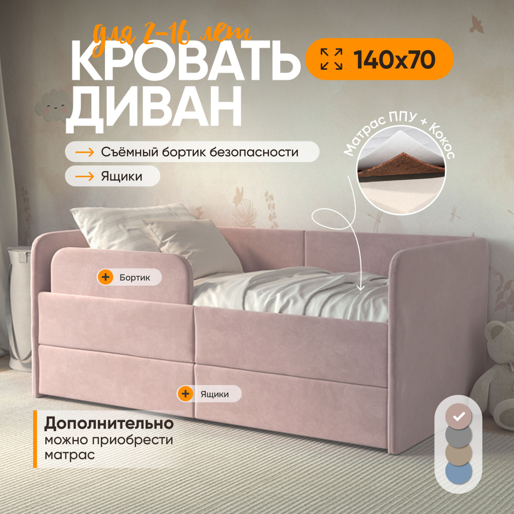 Кровать детская 140х70 My Sleep Smile, 2 подкроватных ящика, защитный бортик, велюр, розовый, кровать #1