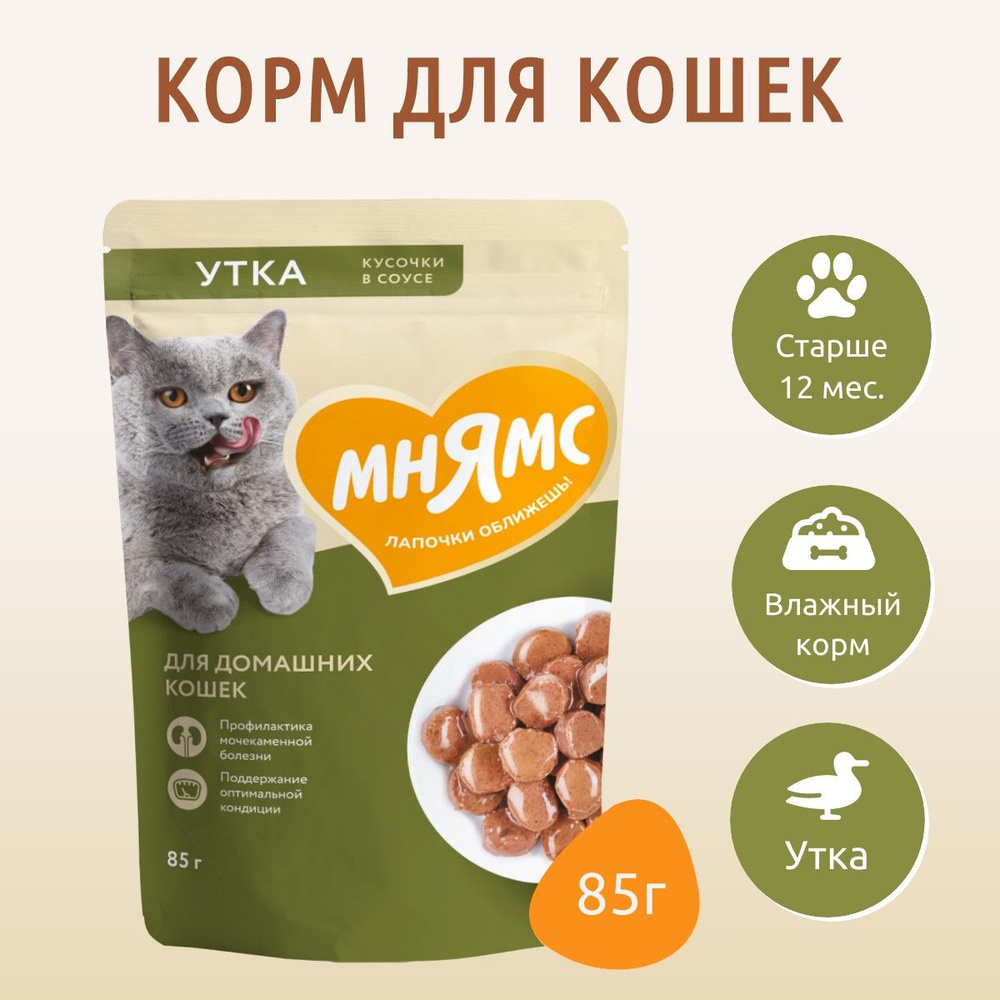 Влажный корм Мнямс кусочки в соусе с уткой 85 г. "Максимум вкуса" для домашних кошек, в пауче  #1