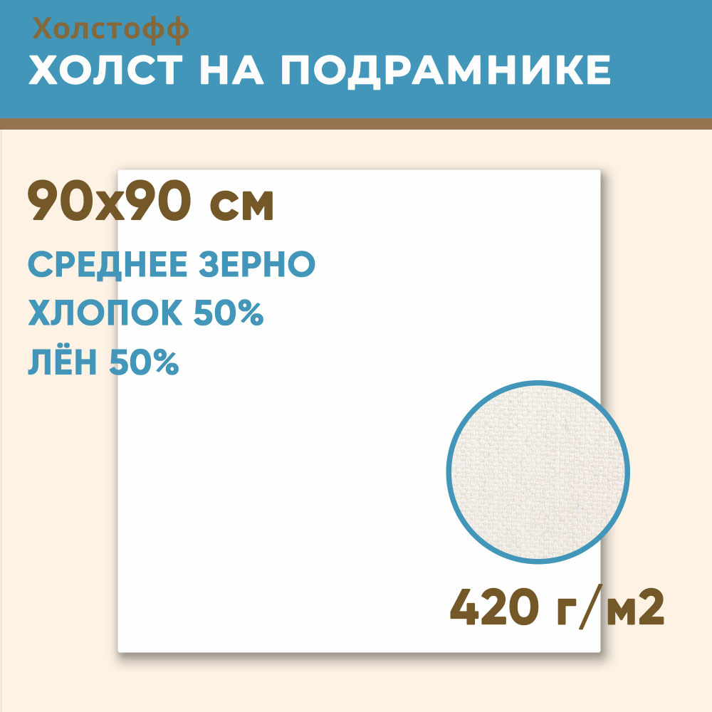 Холст грунтованный на подрамнике 90х90 см, 420 г/м2, лен 50%, хлопок 50%, среднее зерно, Холстофф  #1