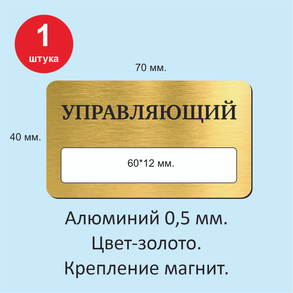 Металлический бейдж на магните, "УПРАВЛЯЮЩИЙ", 1 штука, размер 70*40 мм. цвет золото.  #1