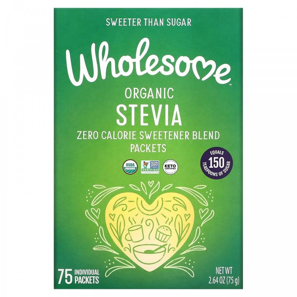 Wholesome, Stevia, Органический сахарозаменитель из стевии, подсластитель без калорий, 75 пакетиков  #1