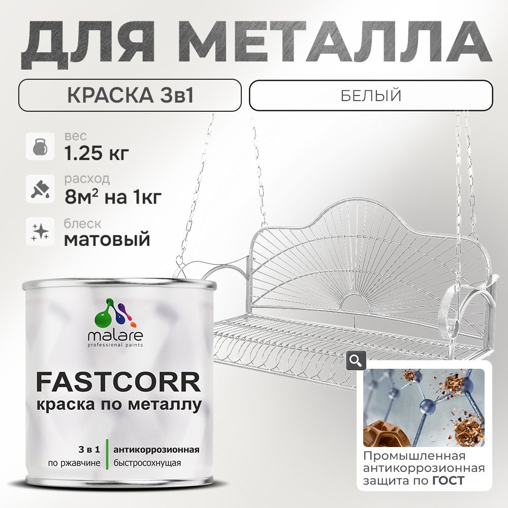 Краска для металла по ржавчине Malare FastCorr, для наружных работ износостойкая, быстросохнущая RAL #1