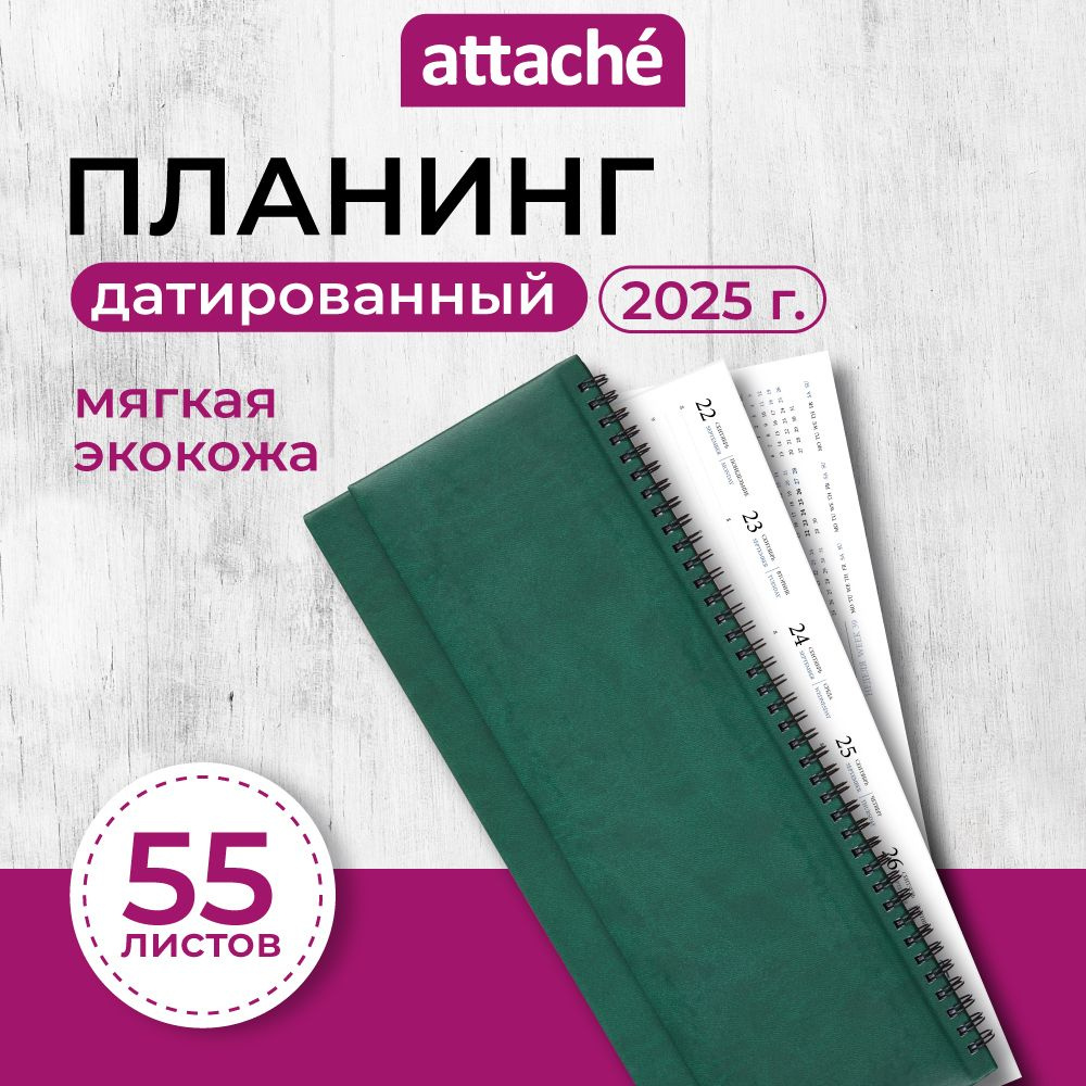 Планер ежедневник датированный Attache, 2025, 340х130 мм, искусственная кожа, 55 листов, зеленый  #1