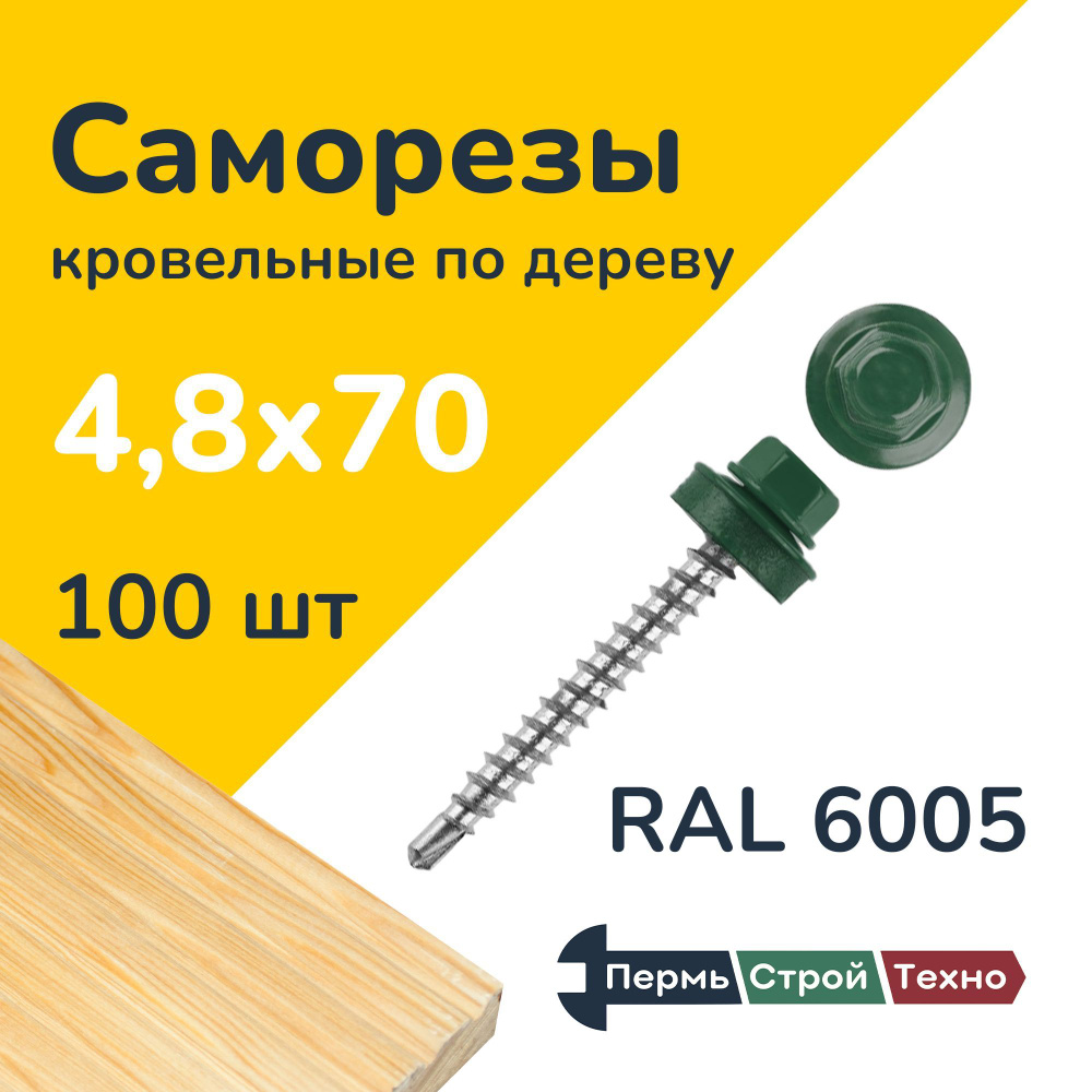 Саморез кровельный 4,8x70 RAL 6005 зелёный мох, по дереву 100 шт  #1