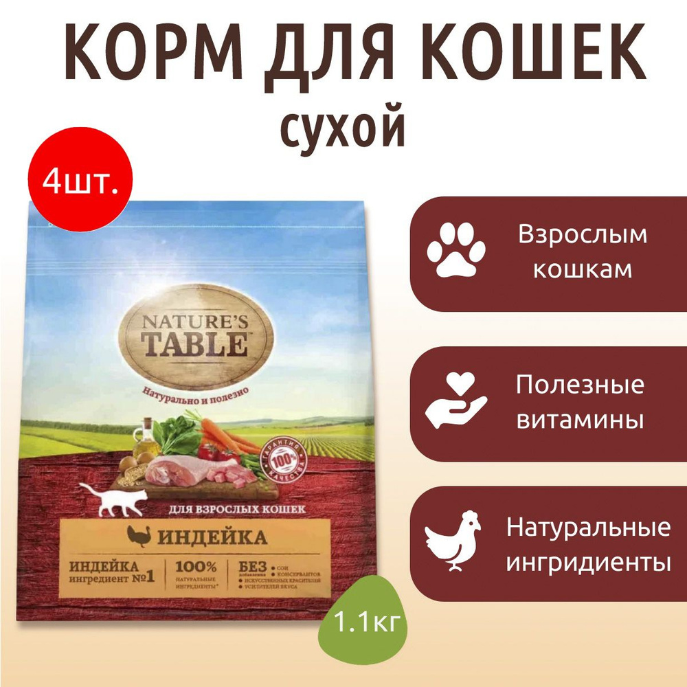 Сухой корм Nature's Table 4.4 кг (4 упаковки по 1100 грамм) для кошек Индейка  #1