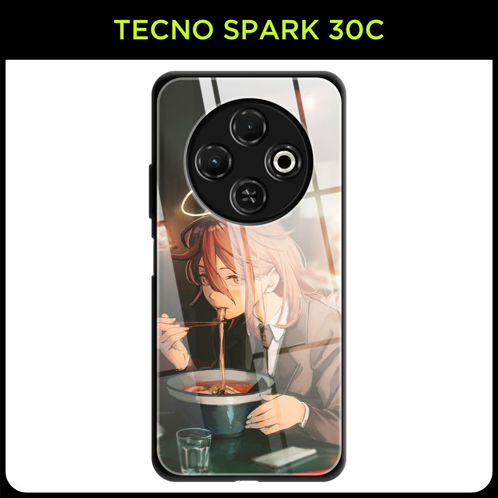 Стеклянный чехол на Tecno Spark 30C / Техно Спарк 30С с принтом аниме Человек-бензопила, "Ангел с раменом" #1